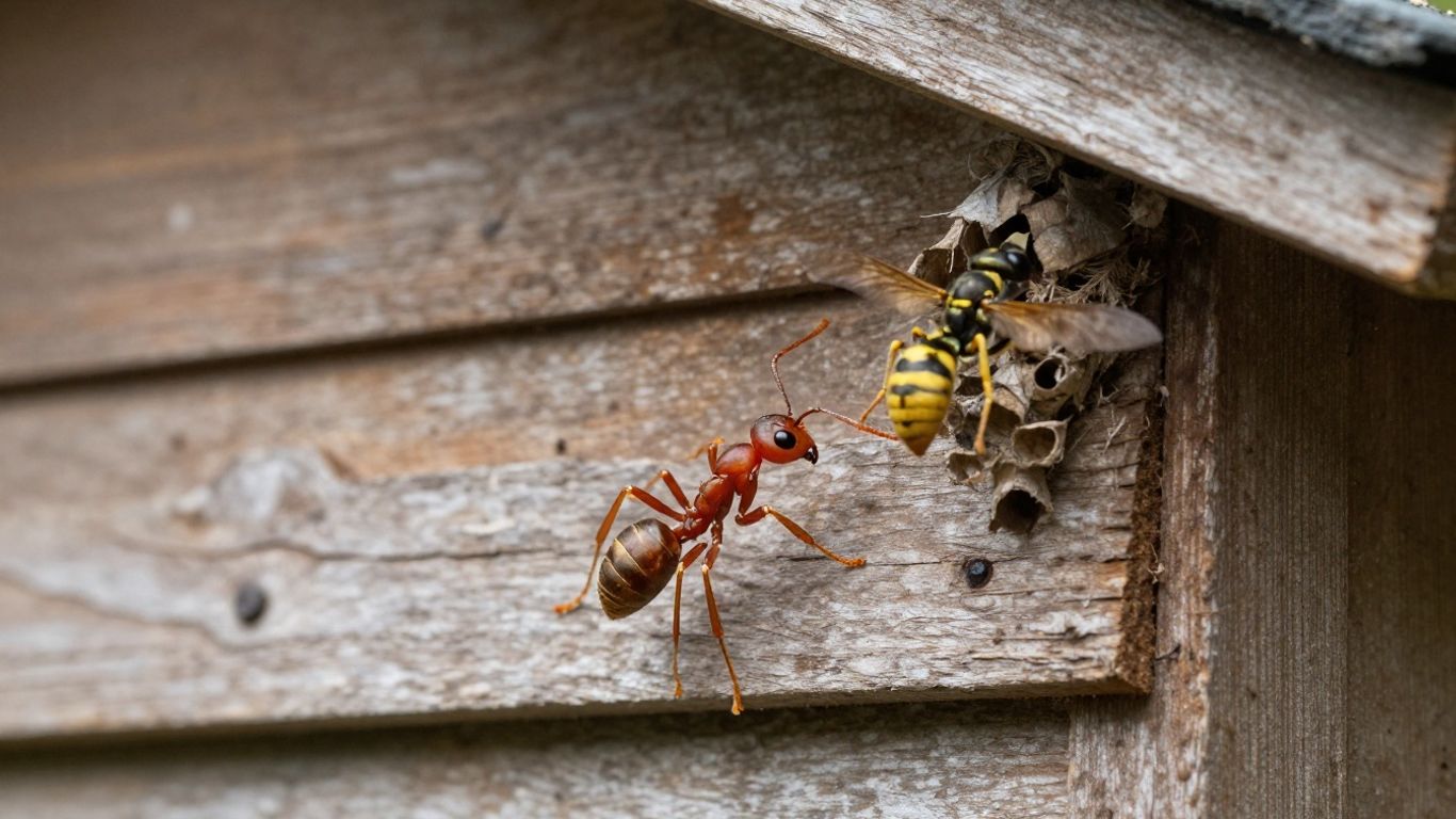 Fire ant and wasp near a shed.