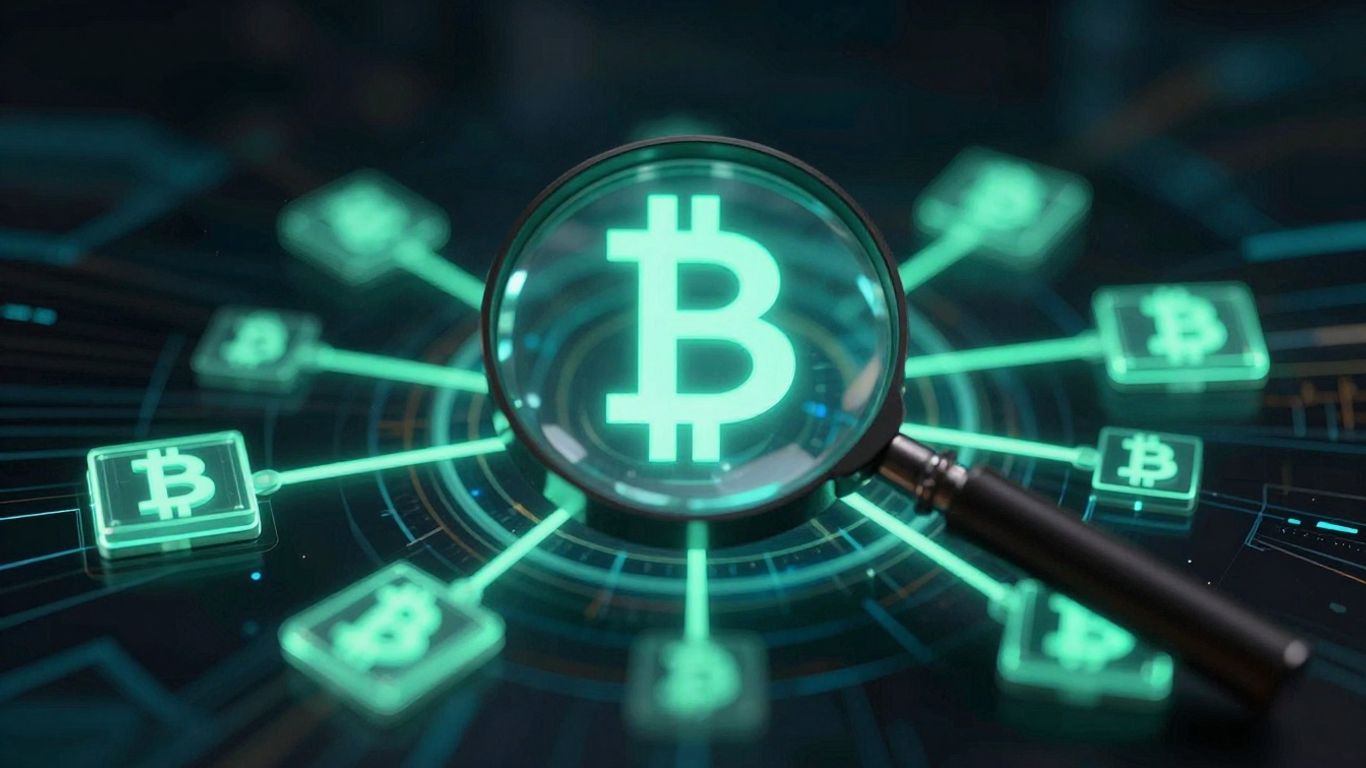 Magnifying glass over blockchain network