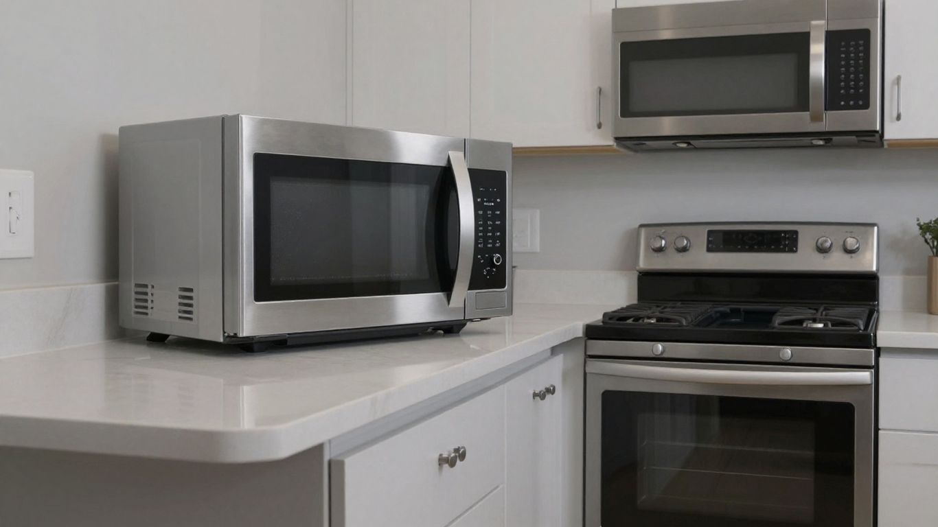 Various microwave models in a kitchen setting.