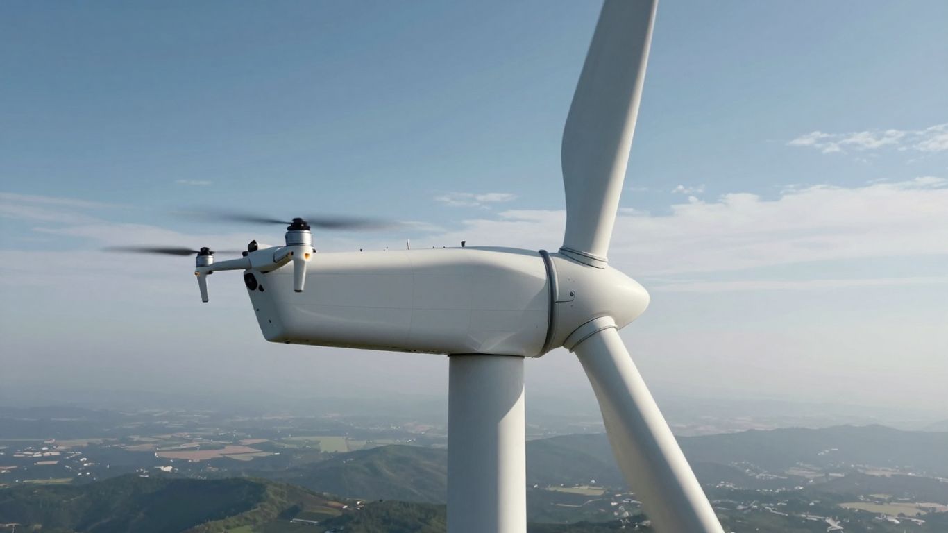 Drone inspecting a wind turbine blade up close.