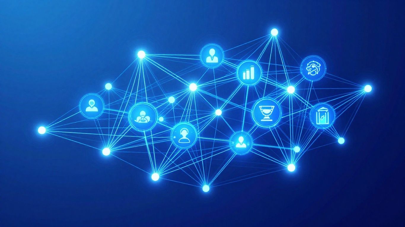 Abstract network connecting digital icons, representing integration.