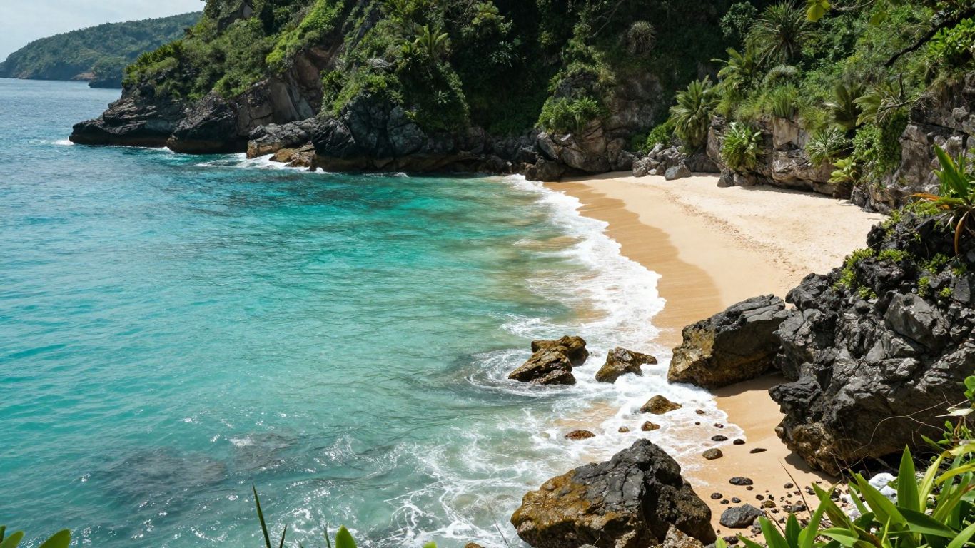 Secluded Brittany beach with turquoise water and green cliffs.