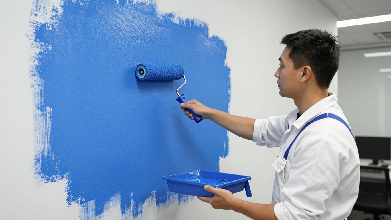 Painter applying blue paint to office wall