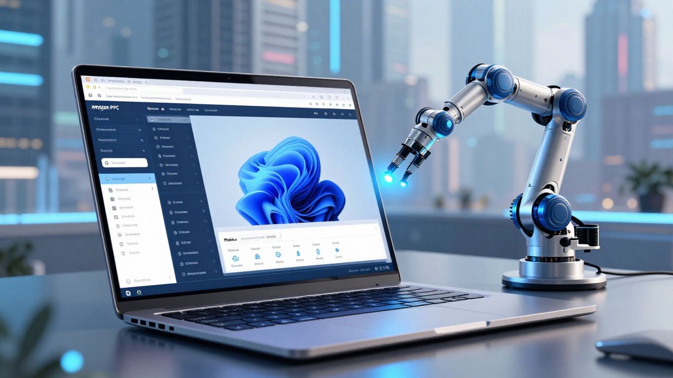 Amazon PPC automation dashboard with robotic arms.