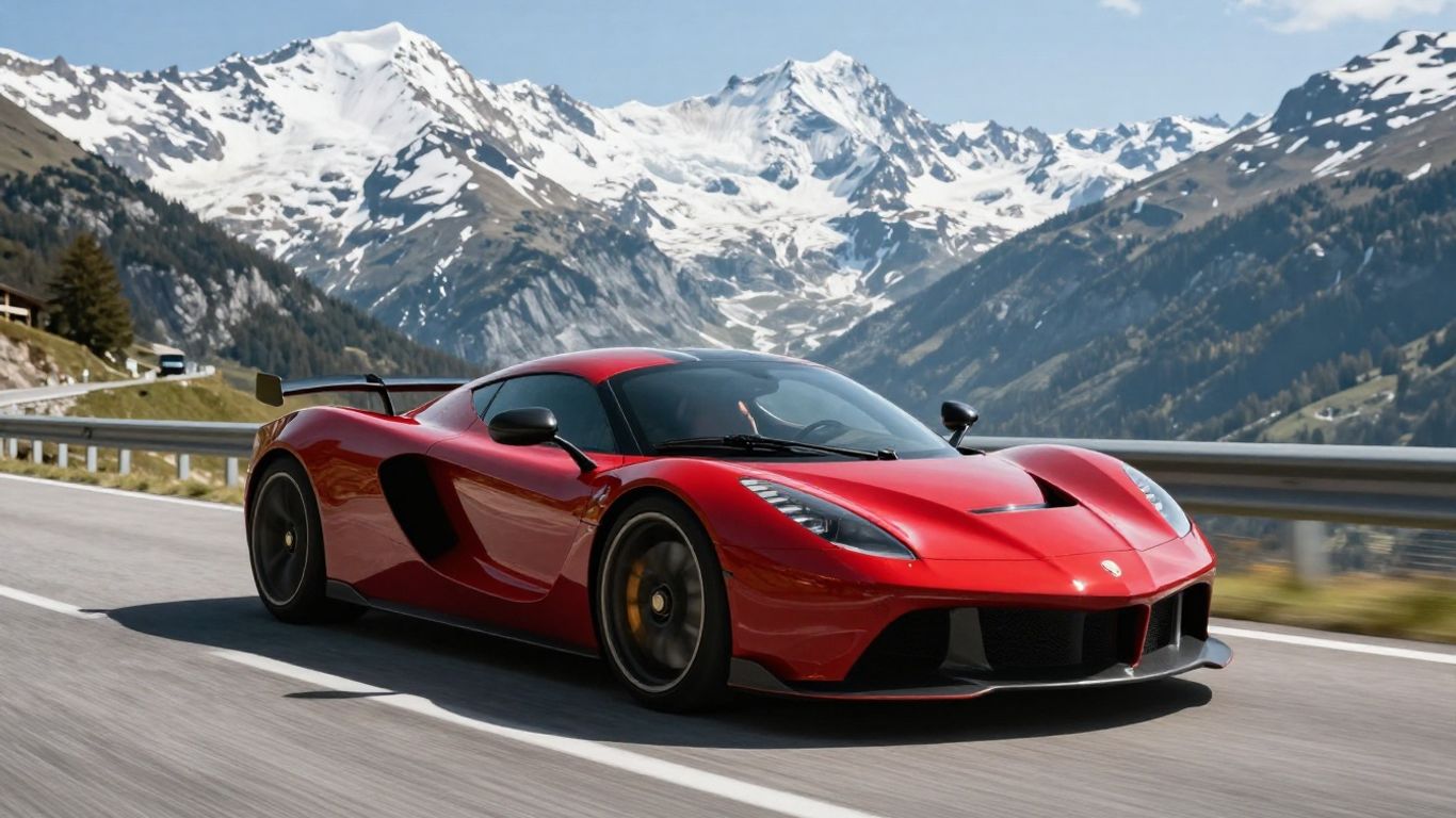 Roter Hybrid-Sportwagen auf moderner Alpenstrasse