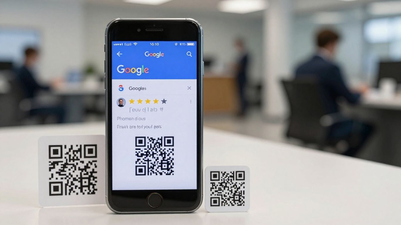 Smartphone scanning a Google review QR code.