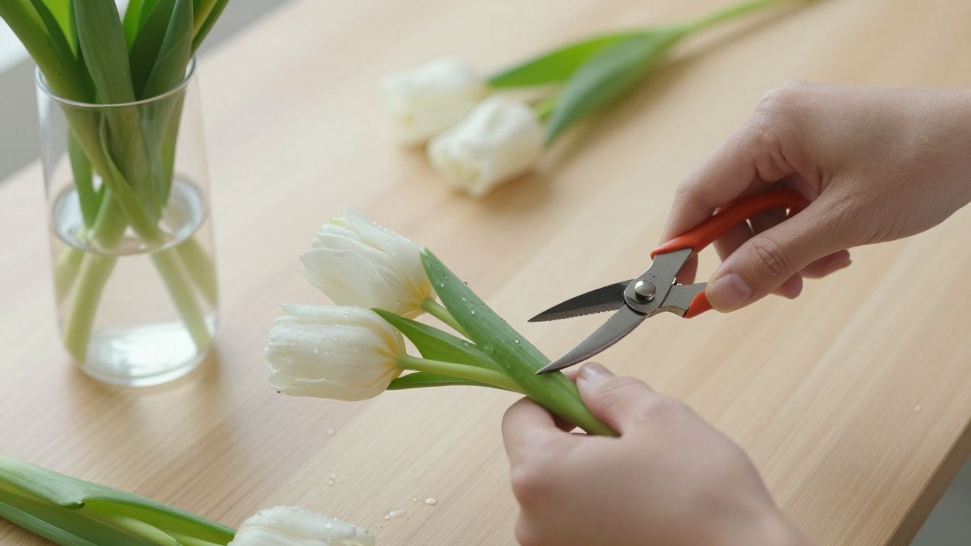Fresh bouquet being trimmed beside vase