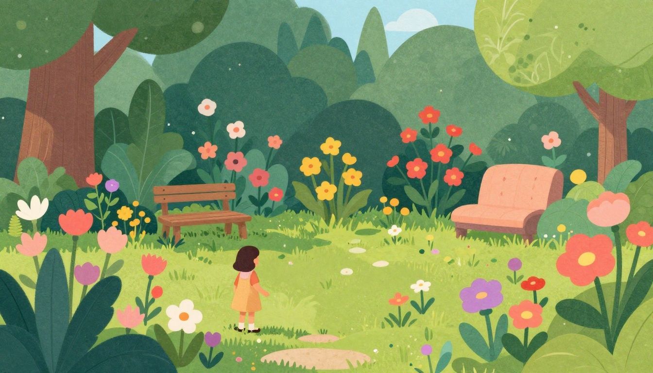 Detalhe de um jardim digital onde flores e plantas interagem suavemente em uma paleta de cores relaxantes