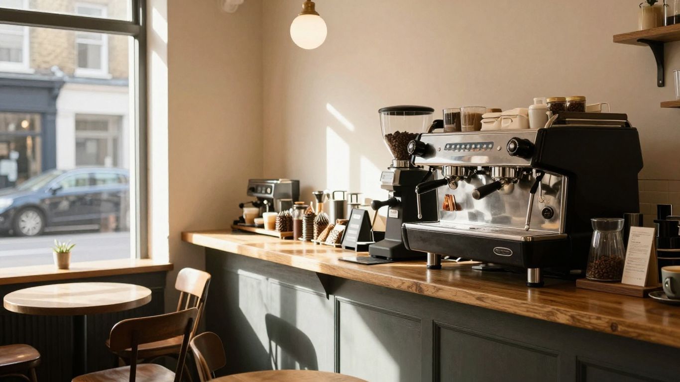 London coffee shop interior with barista