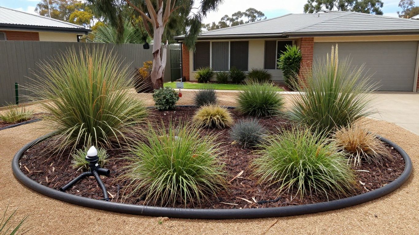 Mulched greywater garden beside Australian home