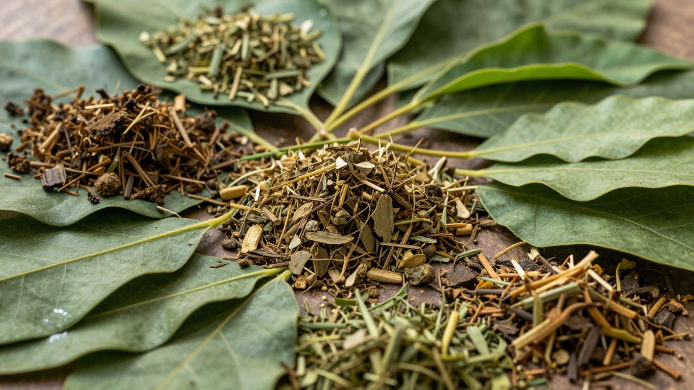 Earthy blend of diverse kratom leaf strains.