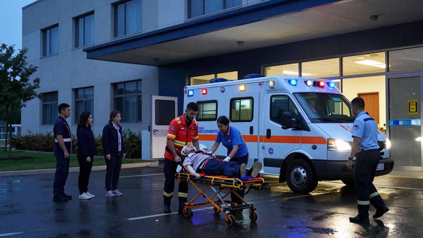 Paramedics assisting patient outside emergency department
