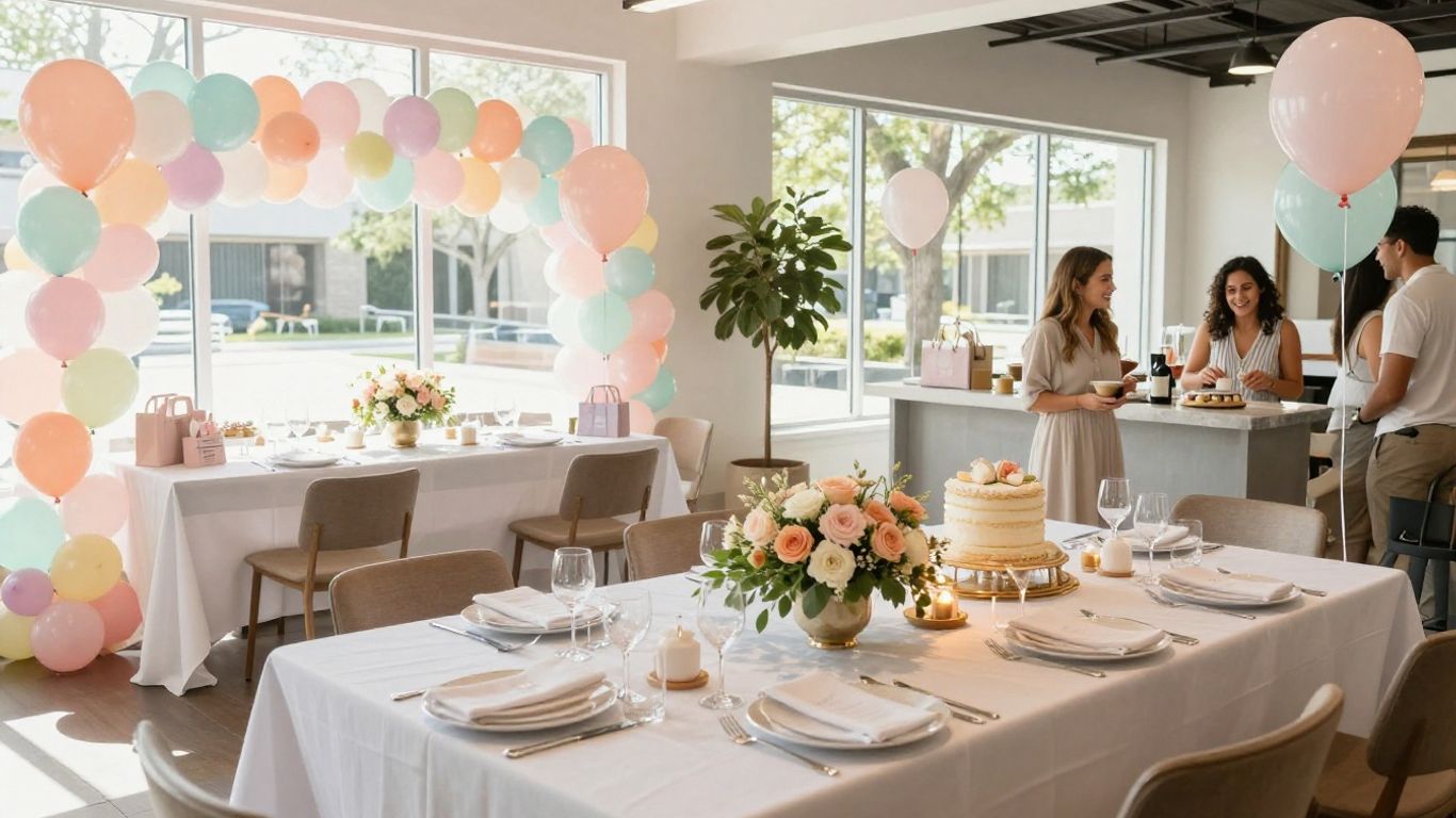Elegant Dallas baby shower venue with balloons and flowers.