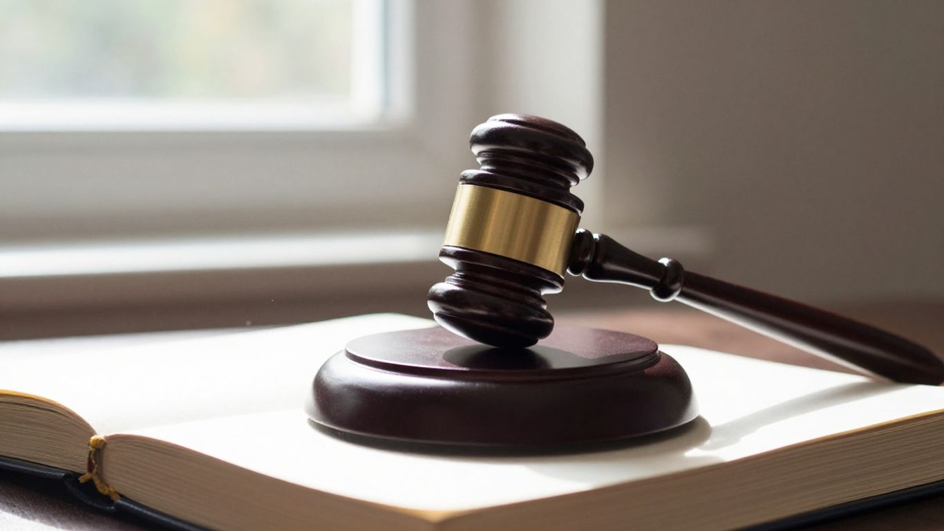 Gavel on legal book with courthouse background.