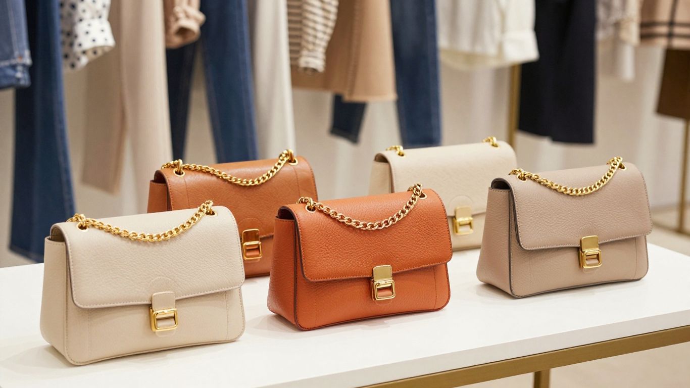 Colorful chic shoulder bags on minimalist white table.