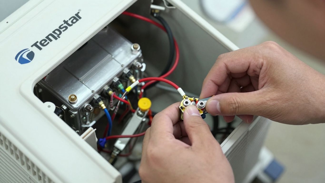 Technician servicing a Tempstar air conditioning unit.