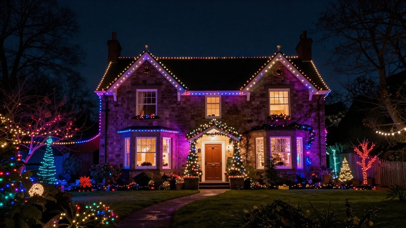 Swansea home decorated with colorful Christmas lights.