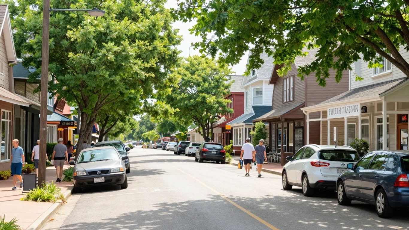 Summer travelers exploring a charming small town street.
