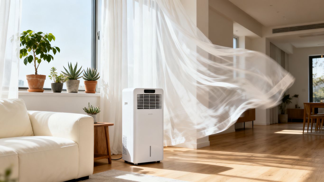 A modern living room featuring a quiet white dehumidifier