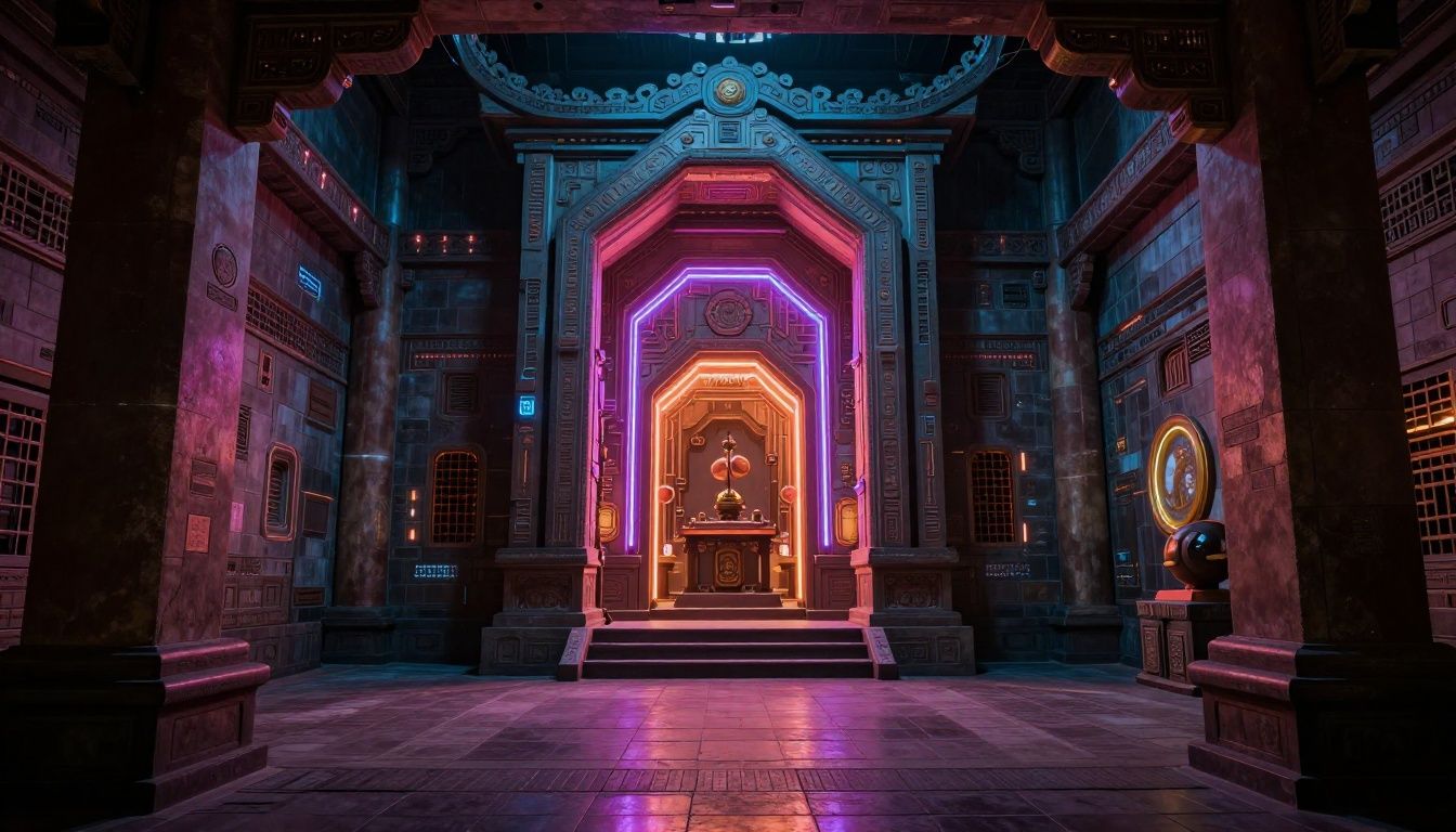 Cena de combate em um templo ancestral com atmosfera neon e tecnologia futurista