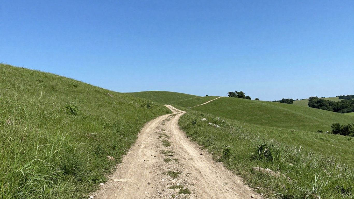 Green land parcel with a dirt path under a blue sky.