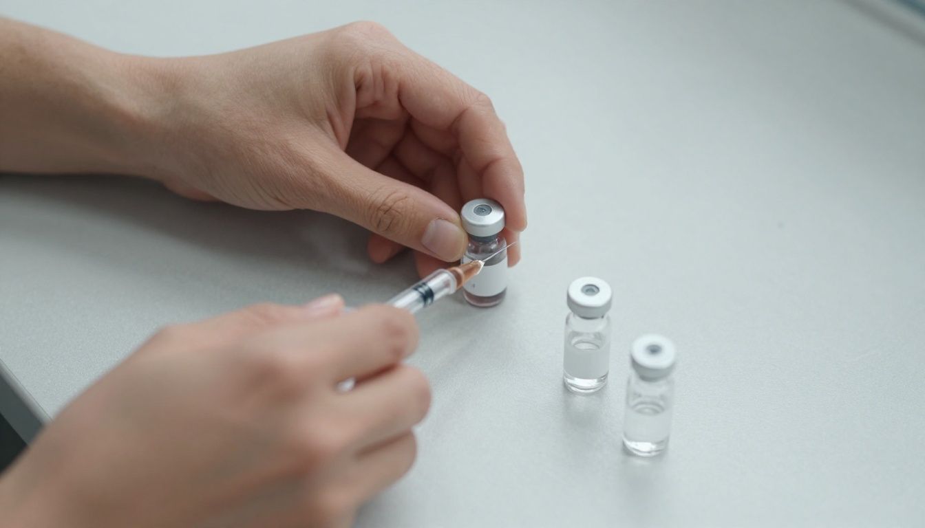 A close-up shot of a person's hands organizing several small vials and a syringe on a clean, modern countertop, representing the complexity of a peptide protocol.