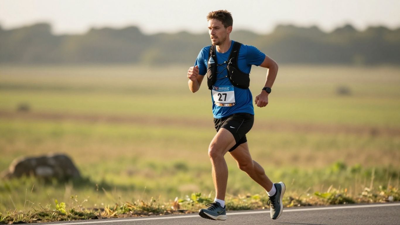 Runner focused on marathon pace, blurred scenic background.