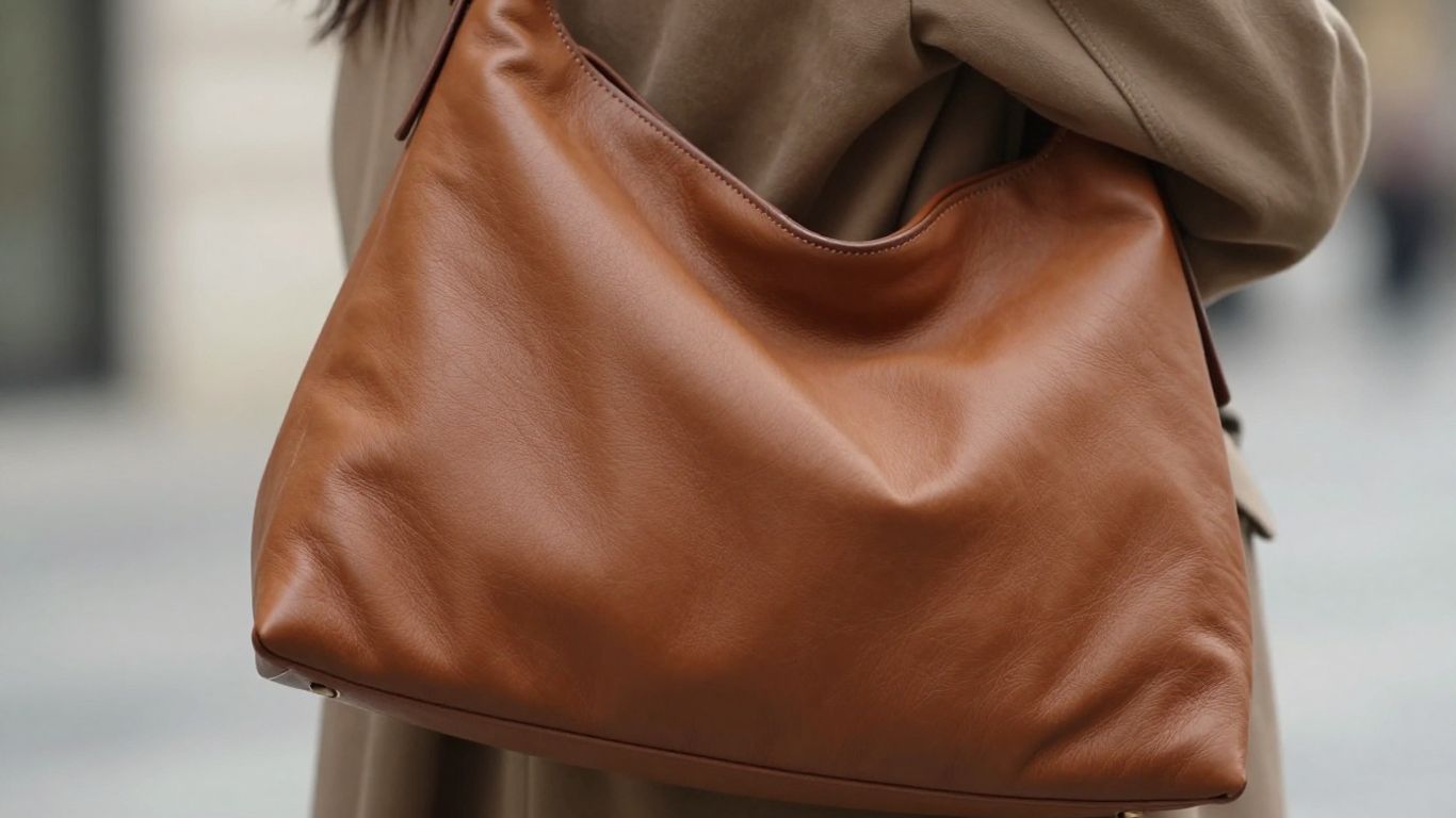 Slouchy shoulder bag on a woman's shoulder.