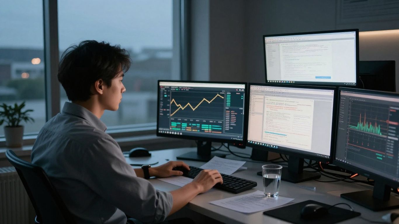 Forex trader reviewing charts beside a window