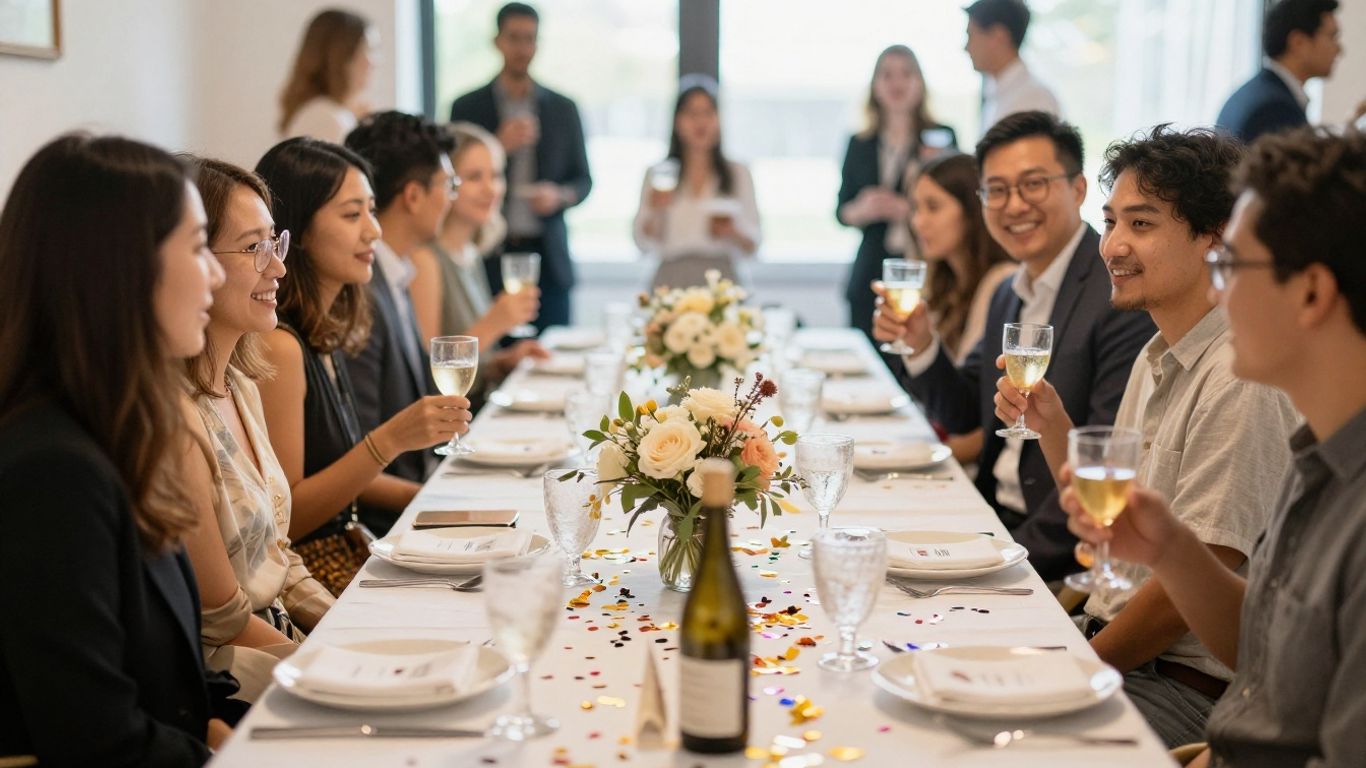 Celebratory event with flowers and guests mingling.