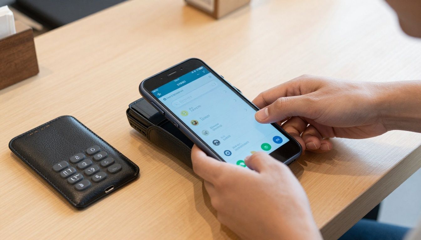 Someone tapping their Galaxy S25 in a wallet case to pay at a cafe counter in Australia