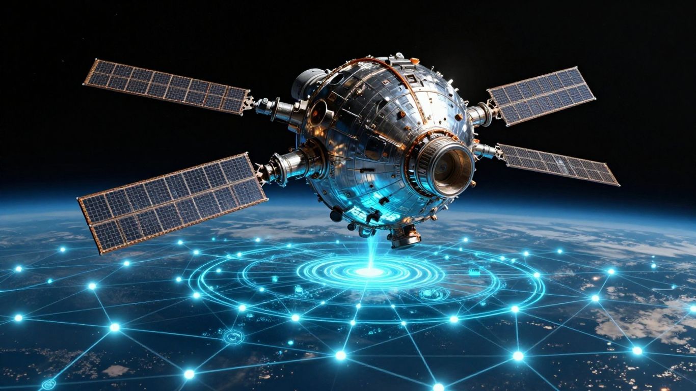 Satellite in space with glowing financial network below.