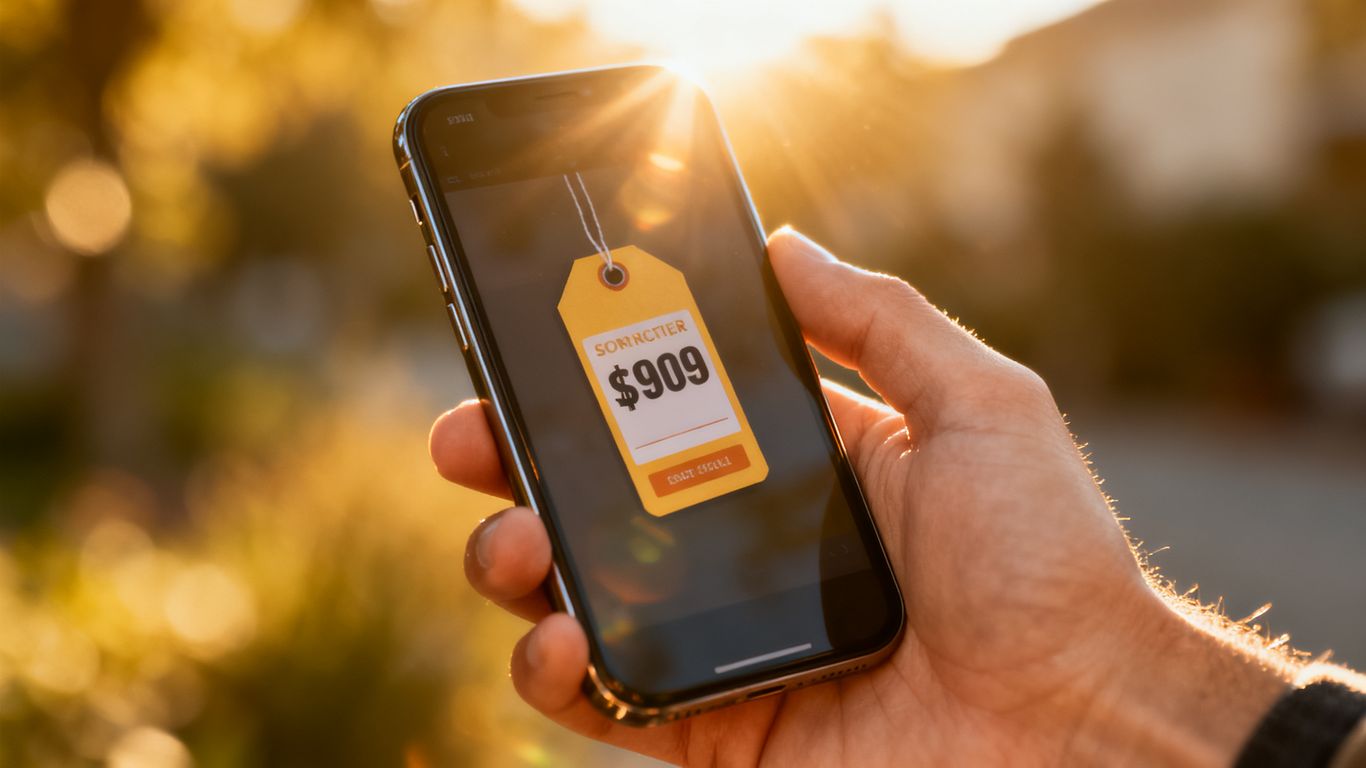 Person prüft Preis auf Smartphone mit Preisschild