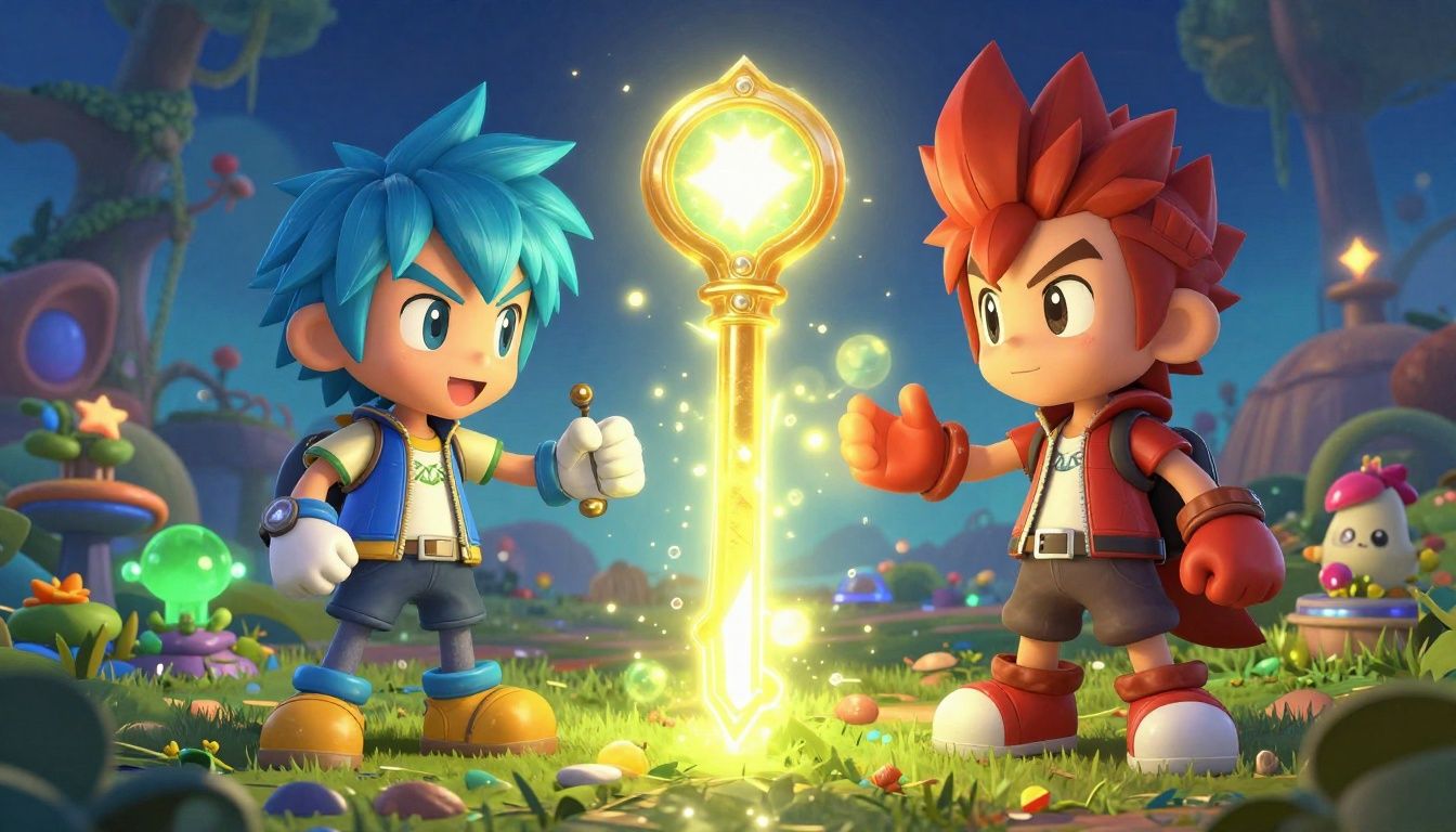 Sora, Donald e Pateta explorando um mundo mágico de Kingdom Hearts III com uma Keyblade em destaque, cercados por efeitos luminosos e elementos de fantasia