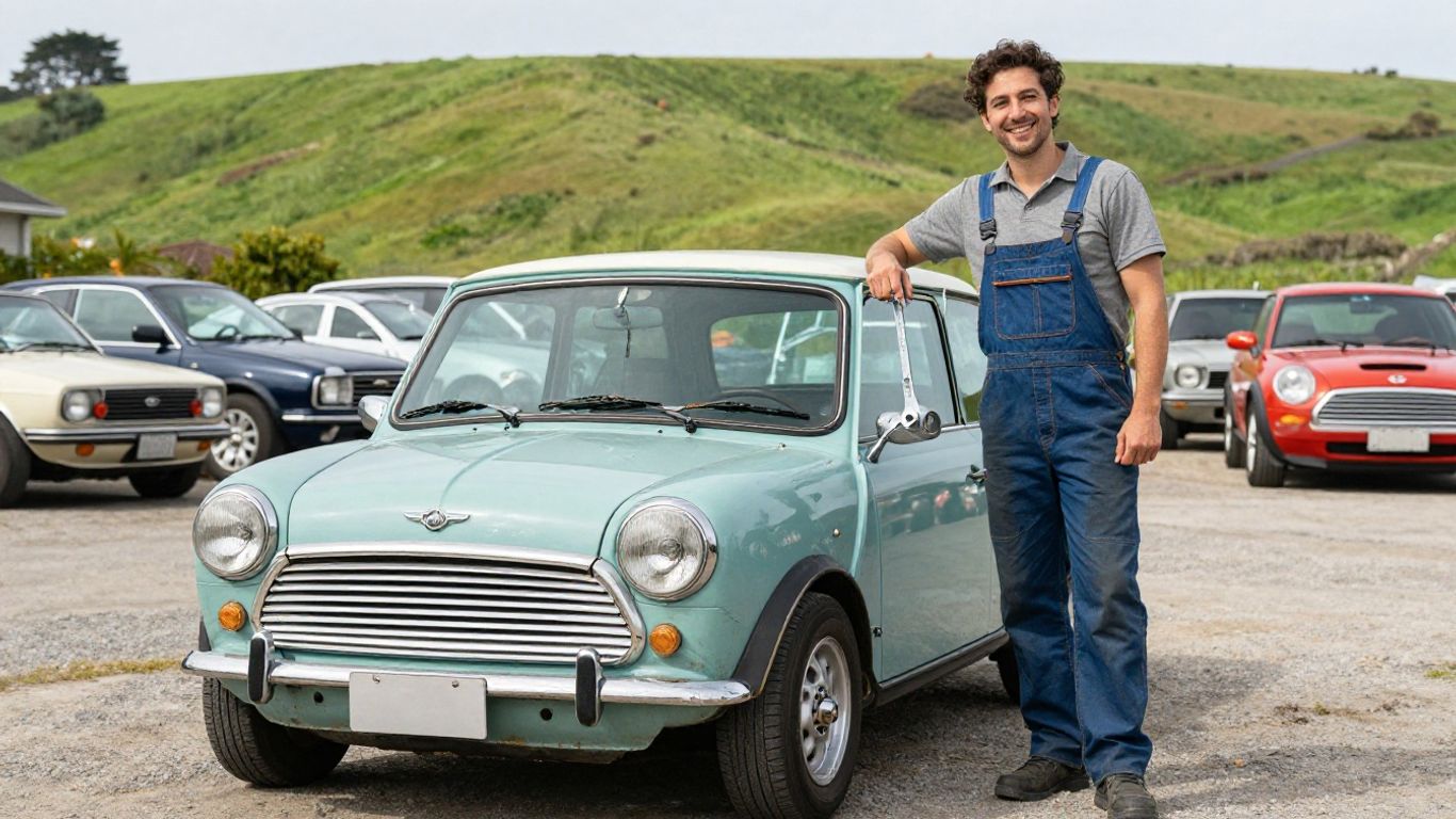 Mini Cooper trade-in yard with mechanic.