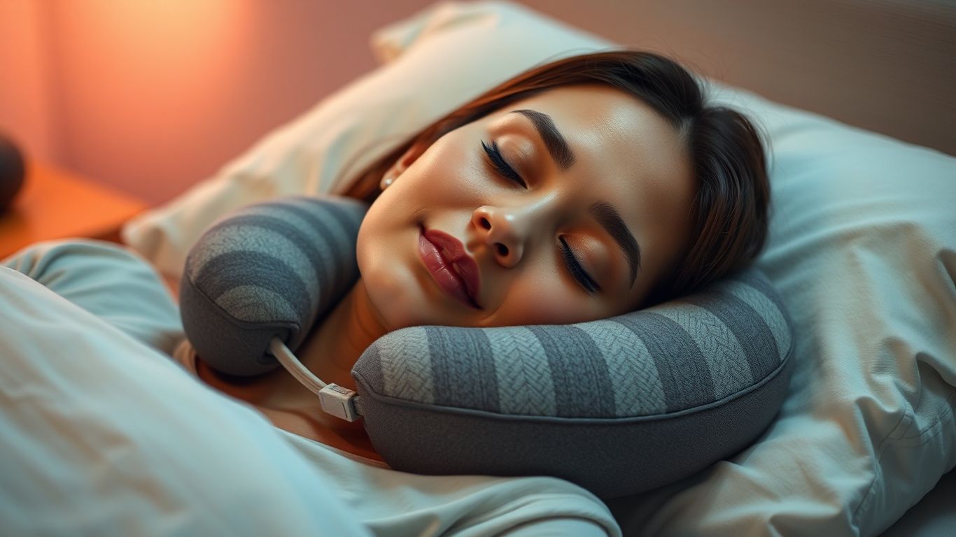 Comfortable neck pillow supporting a sleeping person's head.