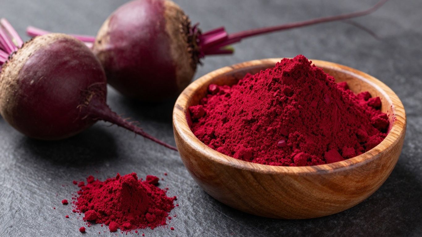 Beetroot powder and fresh beetroots on a dark surface.