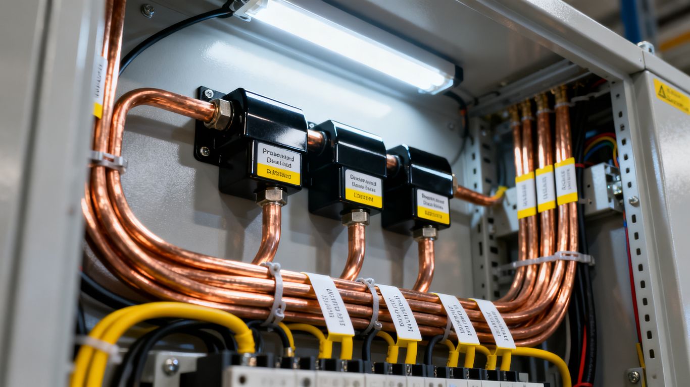Technician inspecting robust electrical wiring and surge protection