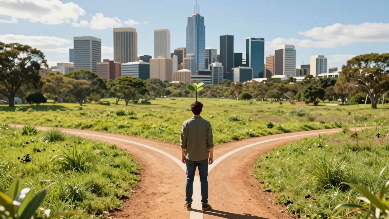 Person at crossroads with seedling, Australian cityscape.