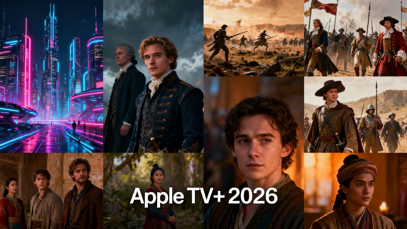 Collage of movie stills from upcoming Apple TV+ films.