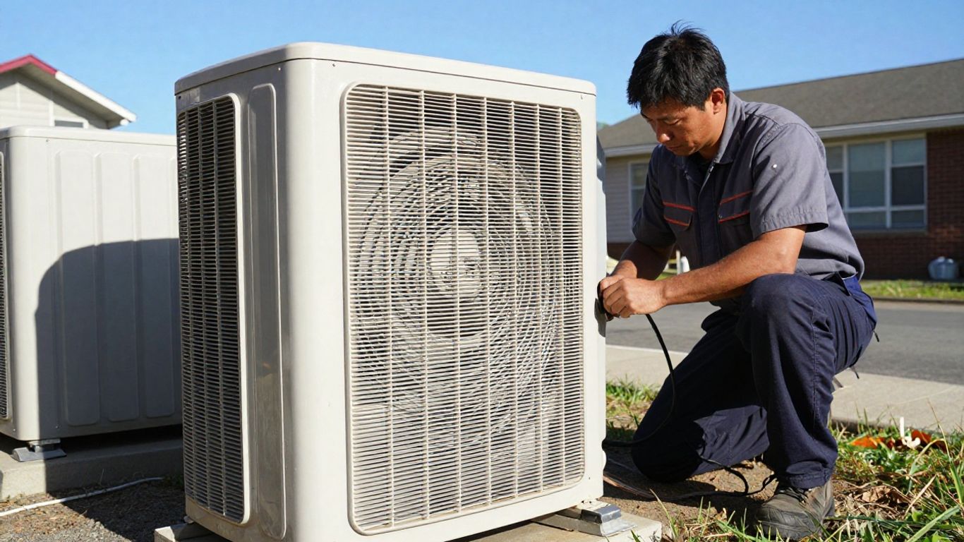 Air conditioning unit and technician working outdoors.