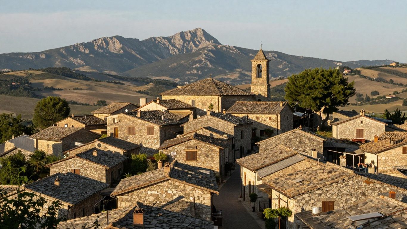 Stone village streets below distant mountain peaks