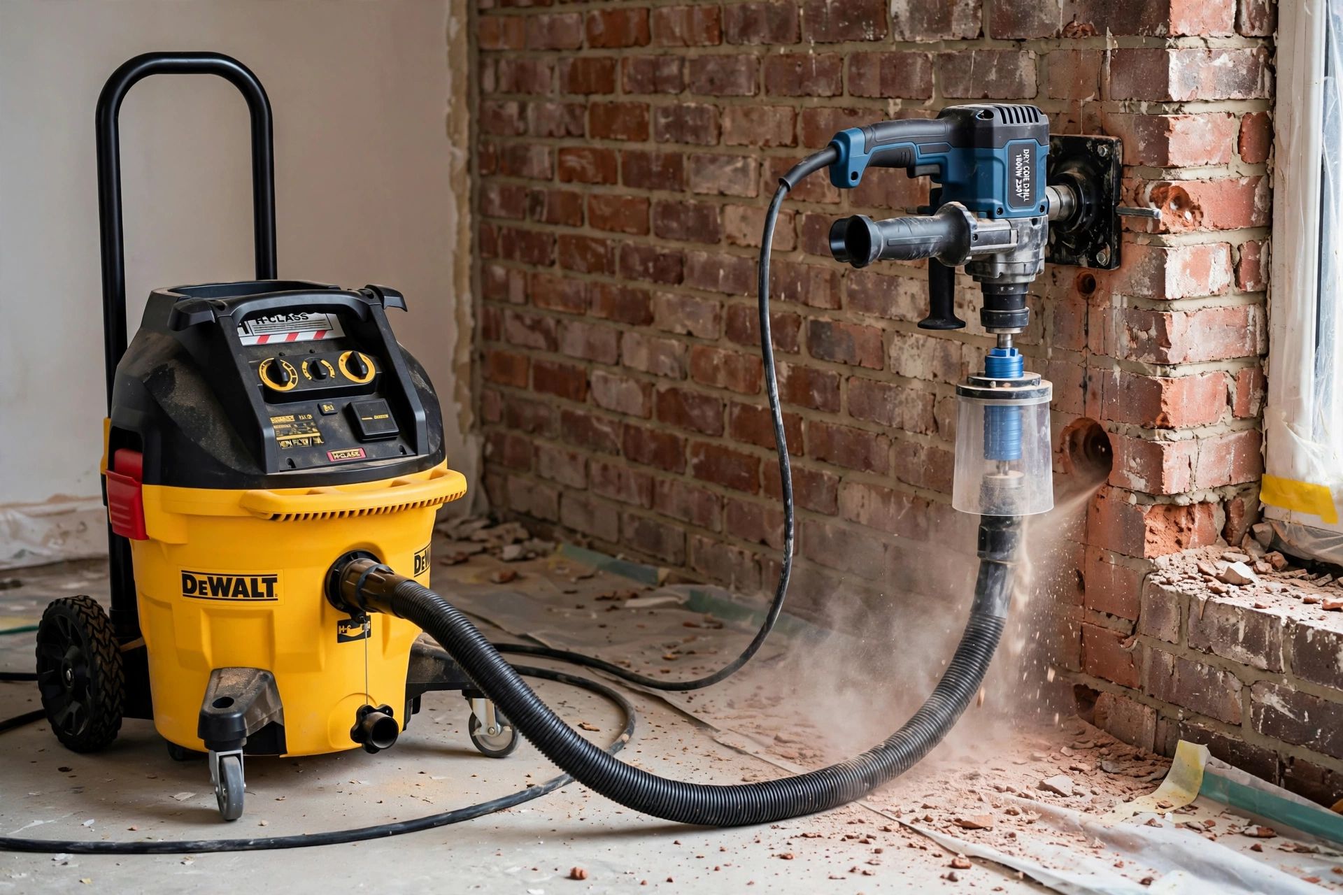 H-class extractor connected to a dry diamond core drill on a brick wall, capturing dust at the drilling point