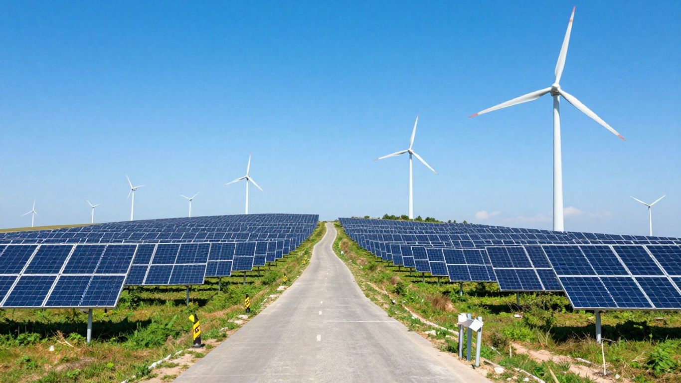 Éoliennes et panneaux solaires dans un paysage ensoleillé.