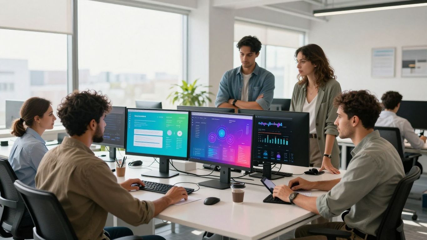 Team working on digital marketing strategies in a modern office.