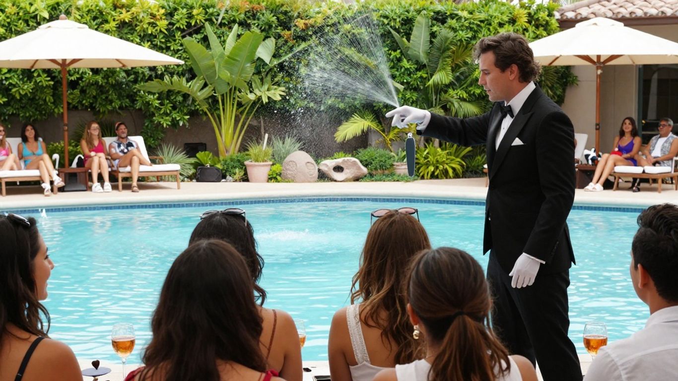 Magician performing at a Phoenix poolside event.