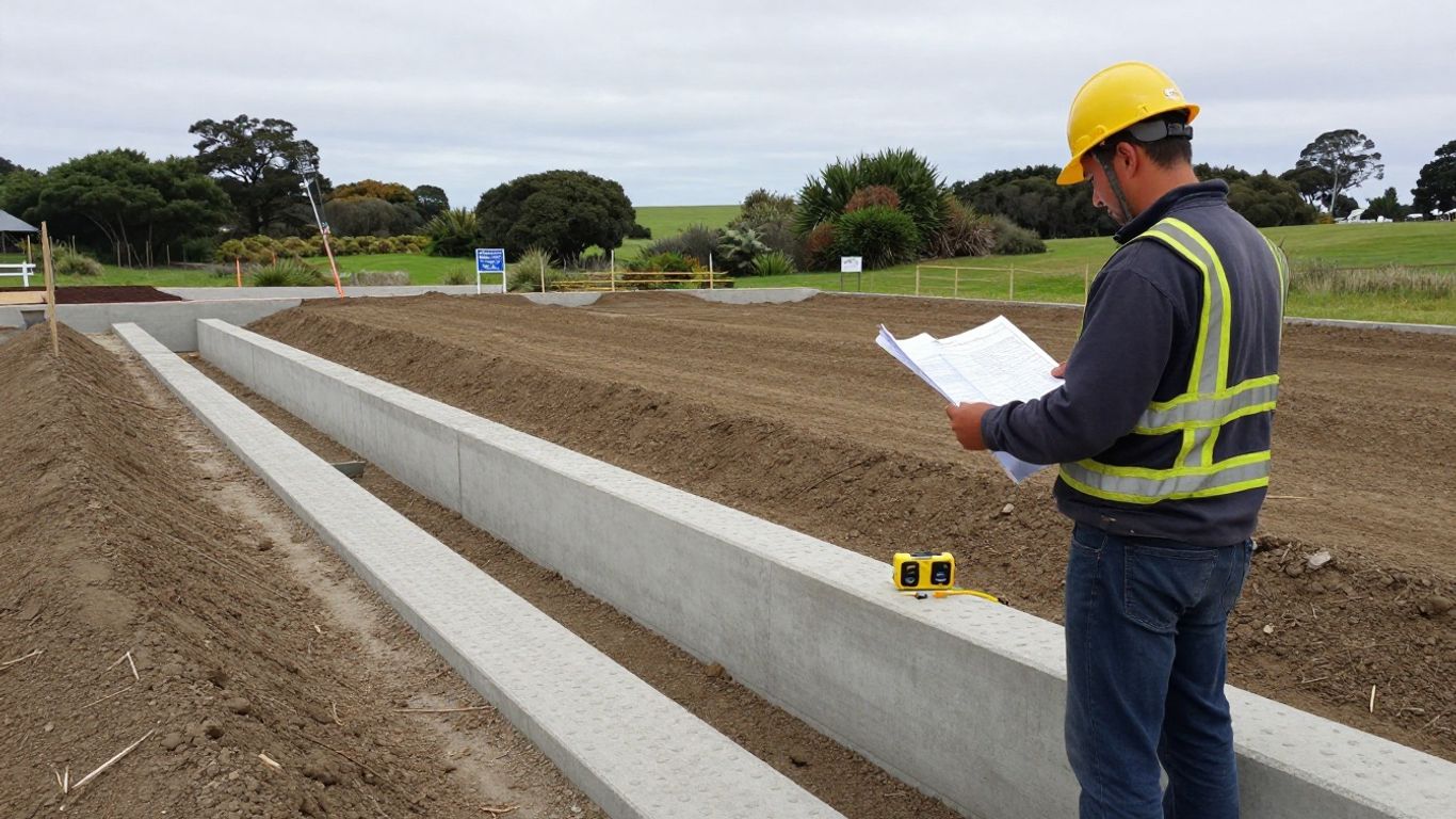 Contractor reviewing textured concrete project plans