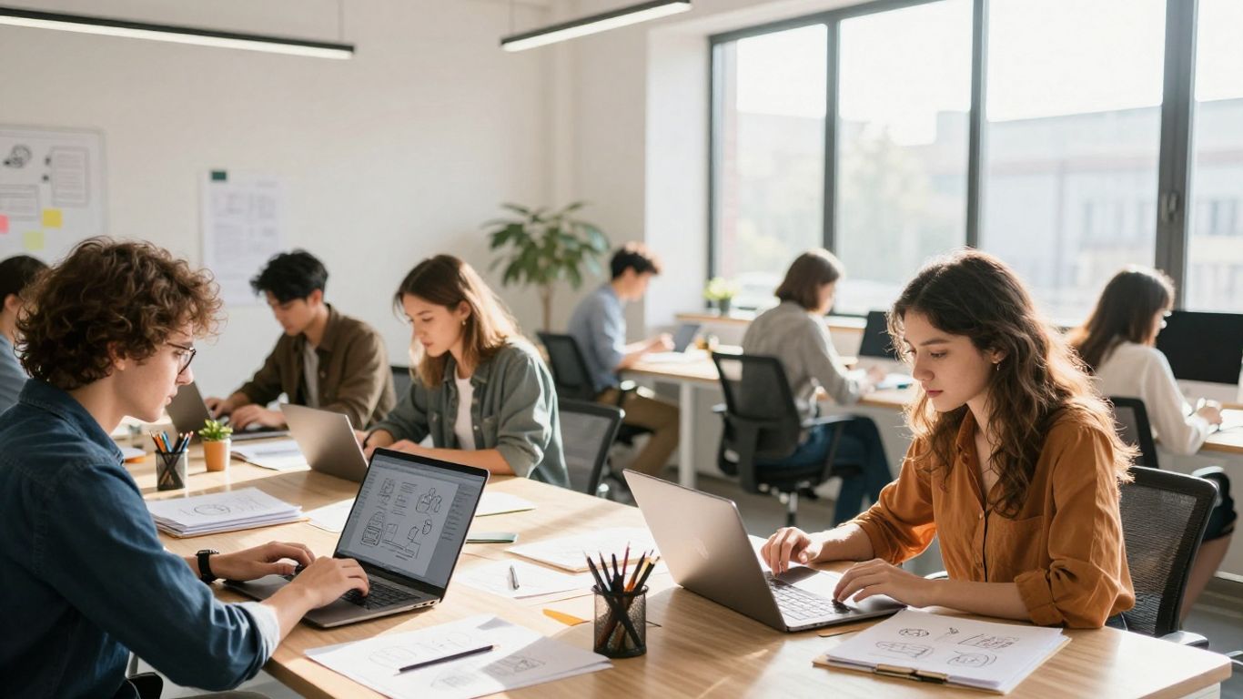 Young professionals working in a bright, modern office.