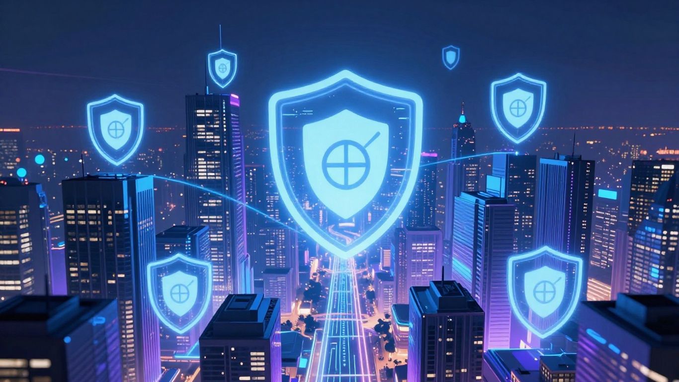 Futuristic cityscape with digital pathways and shield icons.