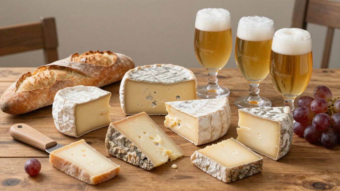 French beer and cheese tasting spread on a table.